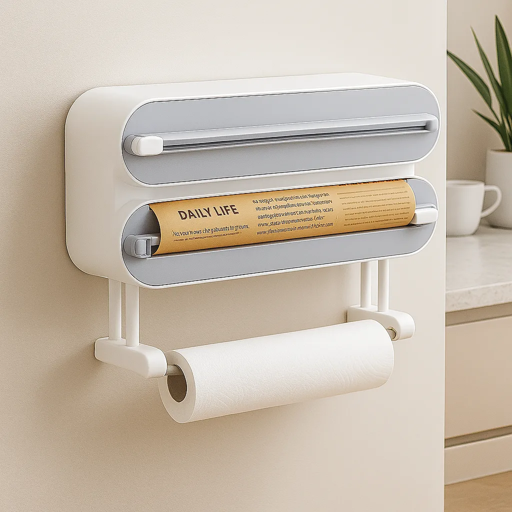 Toiletpapierhouder met 3 niveaus, keukenrolhouder voor toiletpapier, transparante folie, van ABS-kunststof, grijs, blauw